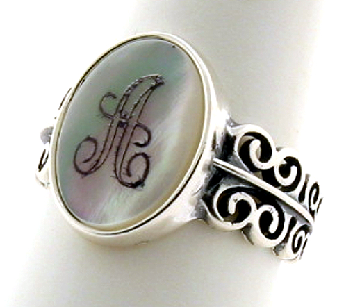 14X10MM Initial Engraved Ring, Sterling Silver, Mother of Pearl Size 7