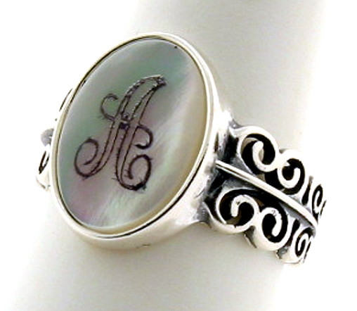 14X10MM Initial Engraved Ring, Sterling Silver, Mother of Pearl Size 8