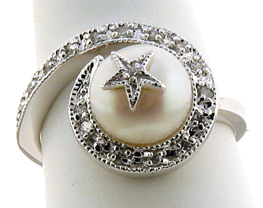 8.5-9MM White Freshwater Pearl CZ Ring, Star Style, Sterling Silver