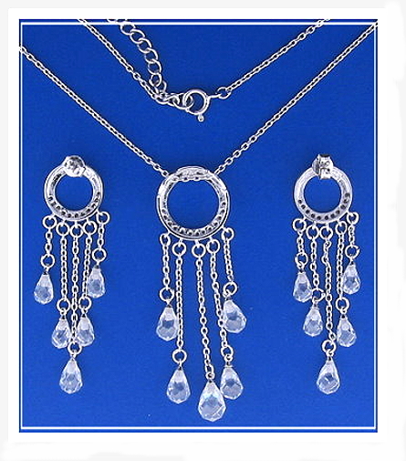 Bridal Set: Dangle Earrings Pendant Chain. White Zircons & Crystals. 925 Silver
